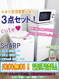 ◆送料無料★生活家電 家電3点セット★高年式●冷蔵庫 SHARP 137L●洗濯機 SHARP 6㎏●電子レンジ SHARP+おまけ付き【3N05】◆◆◆◆