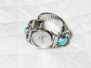 80*s Navajo group Darrel Morgan work list watch wristwatch moveable ( battery replaced Vintage silver & turquoise including carriage 