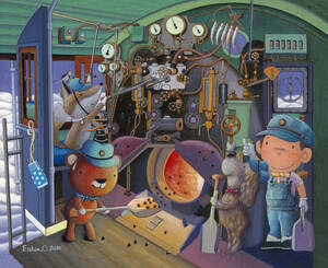 （27）真作・F3号『SLの運転室』版画（ジークレー）キャンバス仕上　　SL　機関車　計器　プレート　国鉄　北海道　機関区