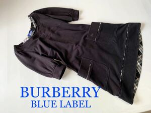 美品 BURBERRY BLUELABEL 半袖ワンピース ノヴァチェック バーバリー ブルーレーベル コットン パフスリーブ ホースマーク 38 美シルエット