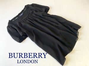 美品 BURBERRY LONDON 半袖 カットソー 透け感 シフォン ゆるふわ バーバリー ロンドン S相当 プリーツ パフスリーブ 三陽商会 正規品