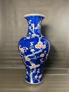 【聚寶堂】大清康熙年 清青花釉里紅混水梅花花瓶 高さ40cm LJ-23