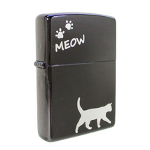 送料無料 ジッポー オイルライター meow ネコ 黒メッキミラー銀差し CAT-KB　&ギフトボックスセット（オイル＋フリント+BOX）_画像2