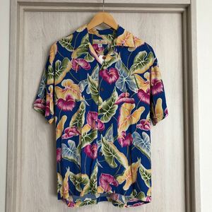 (k) Pineapple juice レーヨン アロハシャツ 半袖 メンズ 大きめXS ブルー 青 総柄 ハワイ製 