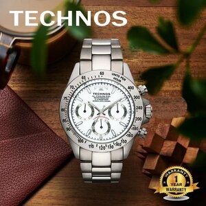 【NEW】テクノス メンズ 腕時計 クォーツ アナログ ラウンド クロノグラフ タキメーター 10気圧防水 ステンレス シルバー ホワイト 保証書