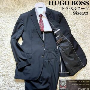 美品 HUGO BOSS ヒューゴボス トラベルスーツ セットアップ DELFINO社製生地使用 黒 レーヨン 52 2XL スーツ 大きいサイズ SUPER 150’s