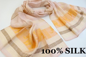  new goods [SILK silk 100%]. Elephant . what . pattern thin scarf / stole salmon pink series Gold white 