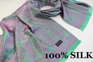 新品【SILK シルク100%】ペイズリー 幾何学柄 大判 ストール/スカーフ エメラルドグリーン系 パープルピンク