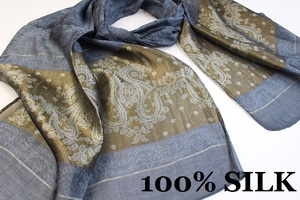 新品【SILK シルク100%】華 ペイズリー柄 薄手 スカーフ/ストール チャコールグレー系 ゴールド ホワイト