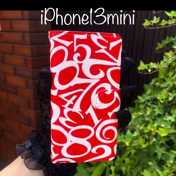 iPhone13miniケース　手帳型スマホケース　数字　モード　ストリート　メンズ　スマホケース iPhoneケース 13mini レッド　赤　オシャレ