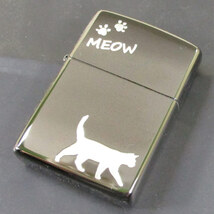送料無料 ジッポー オイルライター meow ネコ 黒メッキミラー銀差し CAT-KB　&ギフトボックスセット（オイル＋フリント+BOX）_画像9
