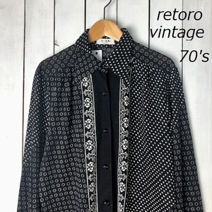 sh●424 国産レトロ古着 70s 柄レトロブラウス L～XL 黒 オールド ヴィンテージ 昭和レトロ モダン 日本製 70年代 総柄 ポリシャツ