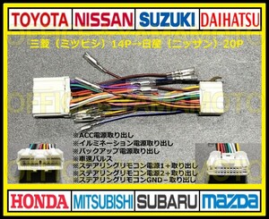 三菱(ミツビシ)14P→日産(ニッサン)20P変換ハーネス カプラ コネクタ ナビ オーディオ 車速パルス(センサー)eK クロス スペース ワゴン f