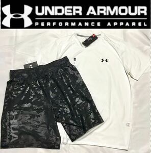 新品 正規品【メンズXXL(3L)】白黒 アンダーアーマー UNDER ARMOUR 上下セット 高機能 半袖シャツ ショーツ トレーニング メンズ