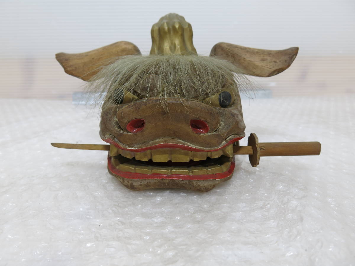 当時物 獅子頭 角つき 獅子舞 漆塗り1対 夫婦獅子 ペア 木彫り 獅子