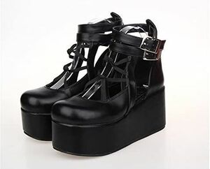 * new goods * thickness bottom Lolita shoes braided up heel 8cm Gothic and Lolita Lolita cosplay shoes black! size 23.0cm!