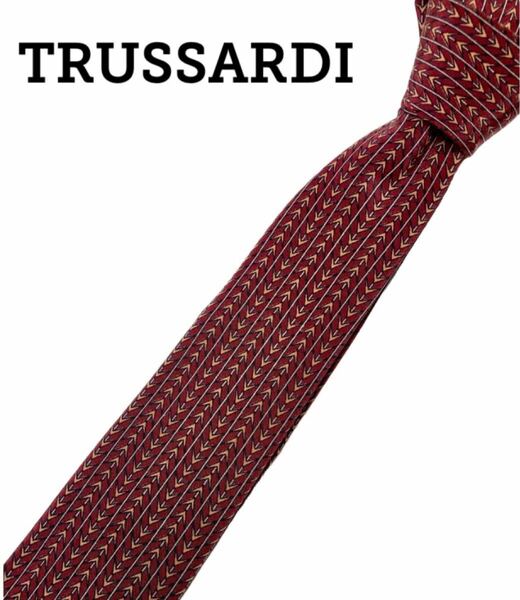 美品 TRUSSARDI トラサルディ ネクタイ レギュラー ジャガード ダービー イタリア製 ストライプ レッド 総柄 ロゴ