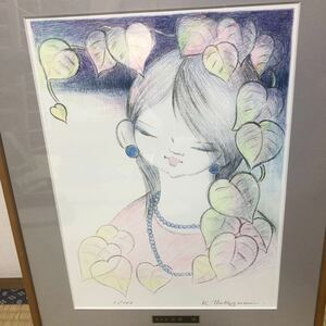 【中神潔】1/100 サイン入り ポストの少女 絵画 木製額 リトグラフ手彩色 52cm×41cm