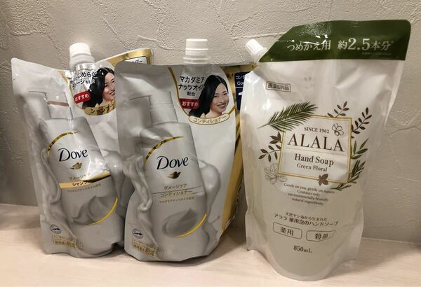 DOVE ダヴ シャンプー　コンディショナー　ダメージケア　詰め替え用　ALALA アララ 薬用泡ハンドソープ　詰め替え用