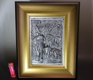 蚤の市z　3Dアート 美術品 アルミニウム ジャングル 象 Foil Art 立体 芸術品 真作　3Dアルミ板彫刻アート　　金属板彫刻アート