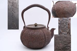 龍文堂 井上 造 鉄瓶 身在印 花紋 銅蓋 煎茶道具 湯沸 急須 提手象嵌あり