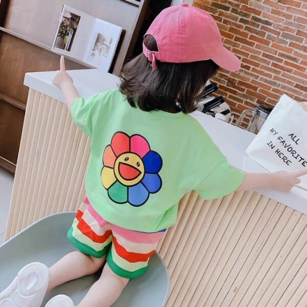 子供　ベビー　キッズ　セット　セットアップ　　ニコニコ向日葵 Tシャツ　ショートパンツ　半袖　半ズボン　夏服　緑　80