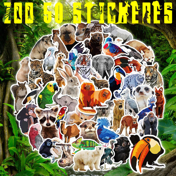 動物園 ステッカー 50枚セット PVC 防水 シール zoo ズー ヒョウ サイ シカ トラ シロクマ コアラ ライオン ゴリラ