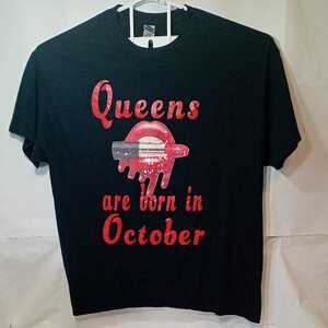 zcl-02t♪アメリカ古着GILDAN 製 Queens are born in OctoberTシャツ USサイズ－2XL ブラック 