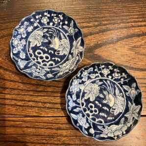 古伊万里 梅牡丹に鳥の小皿2枚 江戸時代 傷有り 金継ぎ用 染付 輪花皿
