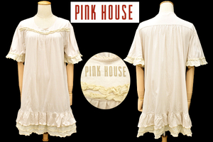 O-329★超美品★PINK HOUSE ピンクハウス A2193UBY273★春夏 日本製 ベージュ フリル ロゴ ミニ 半袖 ワンピース チュニック フリーサイズ