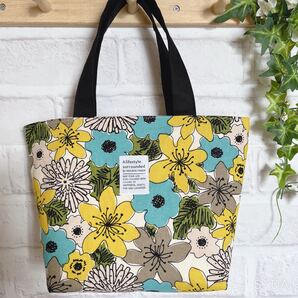 ミニトートバッグ ボタニカルブーケ ホワイトブルーグリーン 花柄 ハンドメイド