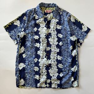 Hawaiian TROPICAL ハワイアントロピカル アロハシャツ ボーダーパターン 花柄 ネイビー レーヨン M