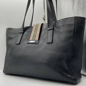1円 【近代モデル・美品】BURBERRY LONDON トートバッグ ビジネス メンズ レザー シボ ノバチェック 肩掛け◎ 大容量フラップ ブラック 黒