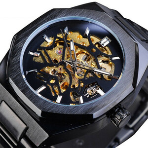 LDL1563# 男性腕時計 機械式 自動巻き 高級 スケルトンデザイン メンズウォッチ 夜光 防水 ステンレスバンド 紳士 ブラック