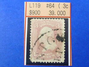22L　A　№27　アメリカ切手　初期　1861年　SC#64　3c(ピンク)　使用済・VF　【SC評価 $600】
