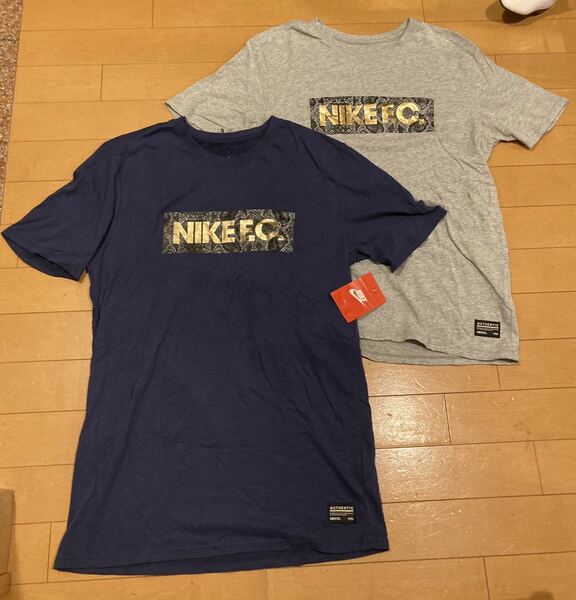 2枚セット 蛇柄ボックスロゴ　Tシャツ　NIKE F.C. FC ナイキ　エフシー　Mサイズ 新品紺色ネイビー　中古灰色グレー　サッカーフットサル