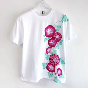 Art hand Auction メンズ Tシャツ Sサイズ ピンク朝顔柄Tシャツ ホワイト ハンドメイド 手描きTシャツ 花柄, Sサイズ, 丸首, 柄もの