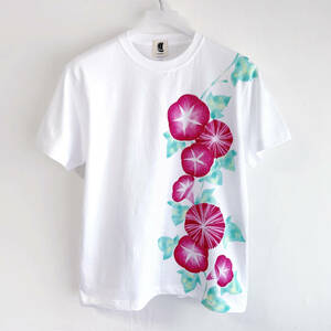 Art hand Auction T-shirt pour hommes, Taille S, T-shirt rose à motif de gloire du matin, blanc, Fait main, t-shirt peint à la main, motif floral, Taille S, col rond, à motifs