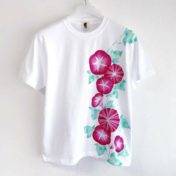 メンズ Tシャツ Lサイズ ピンク朝顔柄Tシャツ ホワイト ハンドメイド 手描きTシャツ 花柄