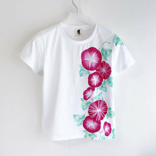 レディース Tシャツ Lサイズ ピンク朝顔柄Tシャツ ホワイト ハンドメイド 手描きTシャツ 花柄　G-L