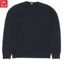 カシミヤ100％！美品 UNIQLO ユニクロ PURE CASHMERE 高級素材 Vネック ニットセーター ネイビー M ゴルフ メンズ_画像1