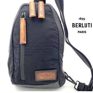 1円 未使用に近い ベルルッティ Berluti カリグラフィ ボディ バッグ ショルダーバッグ ナイロン レザー ブラック ブラウン メンズ