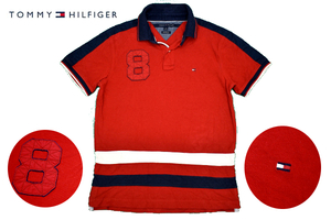 Y-4816★美品★TOMMY HILFIGER トミーヒルフィガー CUSTOM FIT★正規品 トリコロール 豪華な刺繍 鹿の子 半袖 ポロシャツ Ｓ