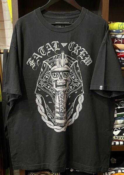 ★USA古着　プリントグレー　灰色プリント　ファラオ　髑髏　スカル　Tシャツ 黒 BLACK FATAL 2XL