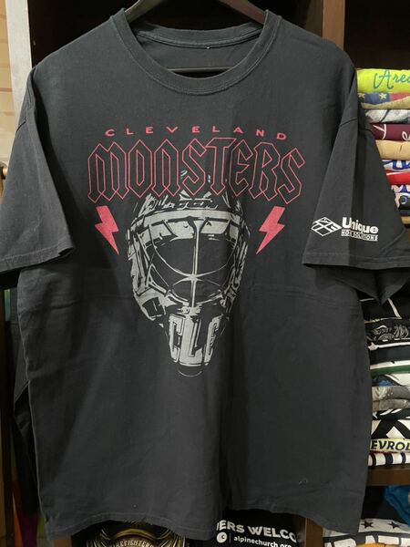 ★USA古着 MONSTERS パンクバンド　ヘルメット　バックプリント Tシャツ　黒　BLACK XL程度