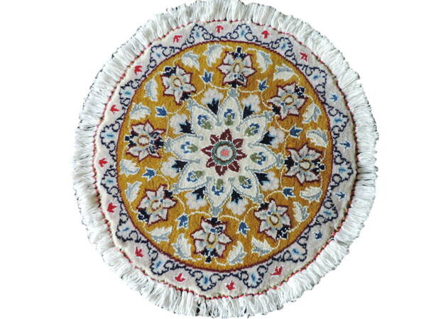 ペルシャ絨毯 カーペット ウール＆シルク 手織り高級 ペルシャ絨毯の本場 イラン ナイン産 円型 丸形 直径 53cm 本物保証 直輸入