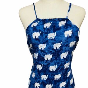 H0375　ノーブランド　スリップドレス　ワンピース　インド柄　象柄　ブルー　アニマル　動物