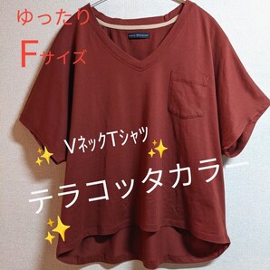 テラコッタカラー VネックTシャツ ポケット付