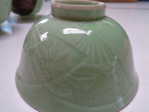 D162-60 時代 古磁器 青磁茶碗 染付 扇画 4客セット 直径11.5センチ 高さ5.5センチ アンティーク_画像3