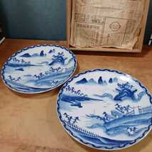 時代物 蔵出し 大皿 二枚組 青絵 染付 山水図 レトロ 絵皿 和食器 陶器 木箱入 古美術 アンティーク 中古 明治？ 大正？ 保管品 詳細不明_画像4